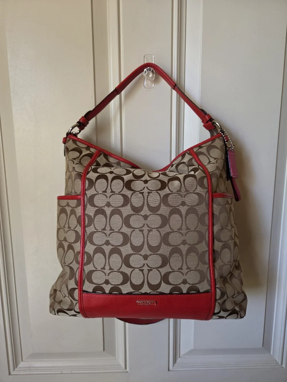 Coach Khaki Signature Canvas Hobo with Red Leather Trim 